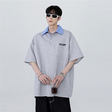 翻领假两件拼接条纹潮牌痞帅炸街少年感短袖POLO衫T603-P48，男装Polo衫，电商C307