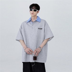 翻领假两件拼接条纹潮牌痞帅炸街少年感短袖POLO衫T603-P48图片
