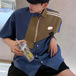 假两件设计感拼接短袖衬衫男夏季美式潮牌休闲衬衣短袖E032-P40