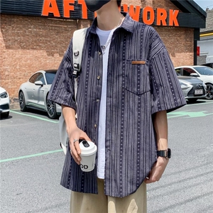 夏季新款日系复古设计感小众短袖条纹衬衫男EAC02P29图片