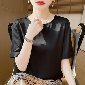 新款真丝短袖t恤女夏季醋酸缎面薄款简约宽松圆领桑蚕丝背心上衣图片