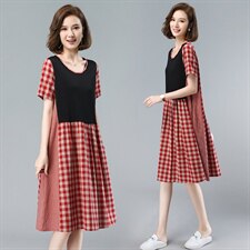 时尚拼接格纹连衣裙显瘦修身大码女装优雅气质短袖裙装，女装连衣裙，依恋蒂丝