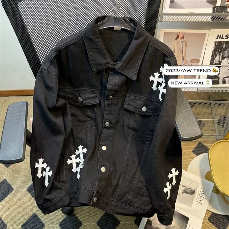 欧美街头十字架水洗牛仔外套男潮牌高街潮流宽松上衣夹克J2291P70图片