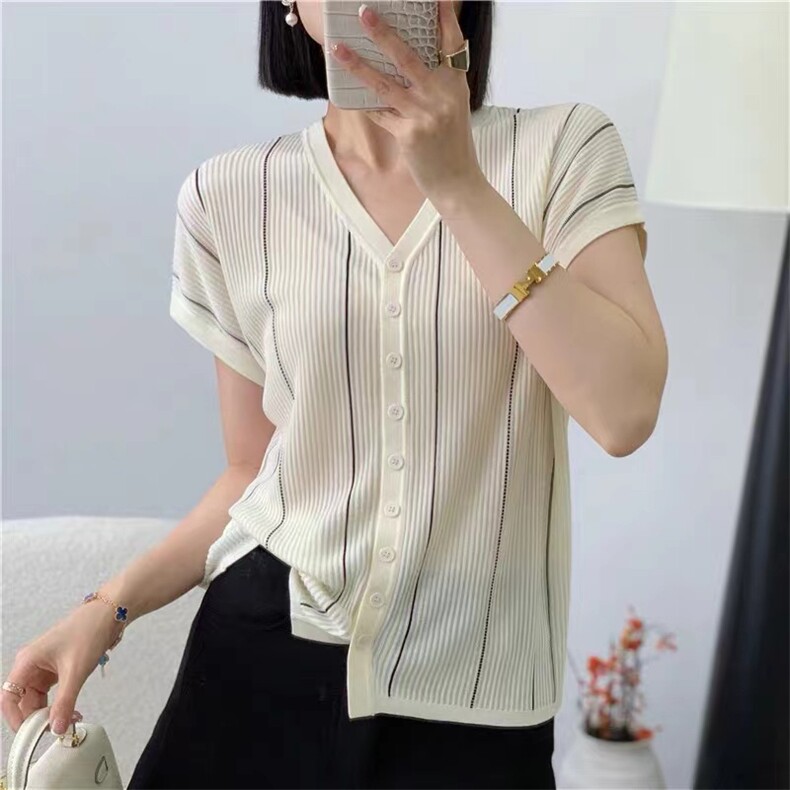 莱赛尔竖坑条条纹V领自开衫短袖，女装针织衫/毛衣，天佑贝依