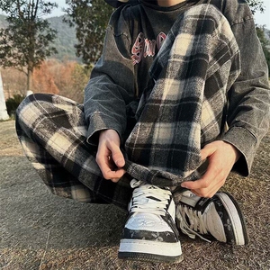 红色格子裤子春秋冬新款高腰垂感阔腿裤休闲加厚毛呢棉裤KK351-45图片