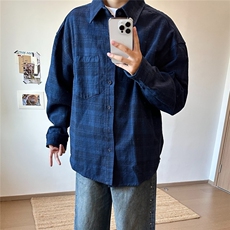 藏青格子宽松休闲长袖衬衫D328-WW17-P58，男装衬衫，电商D328