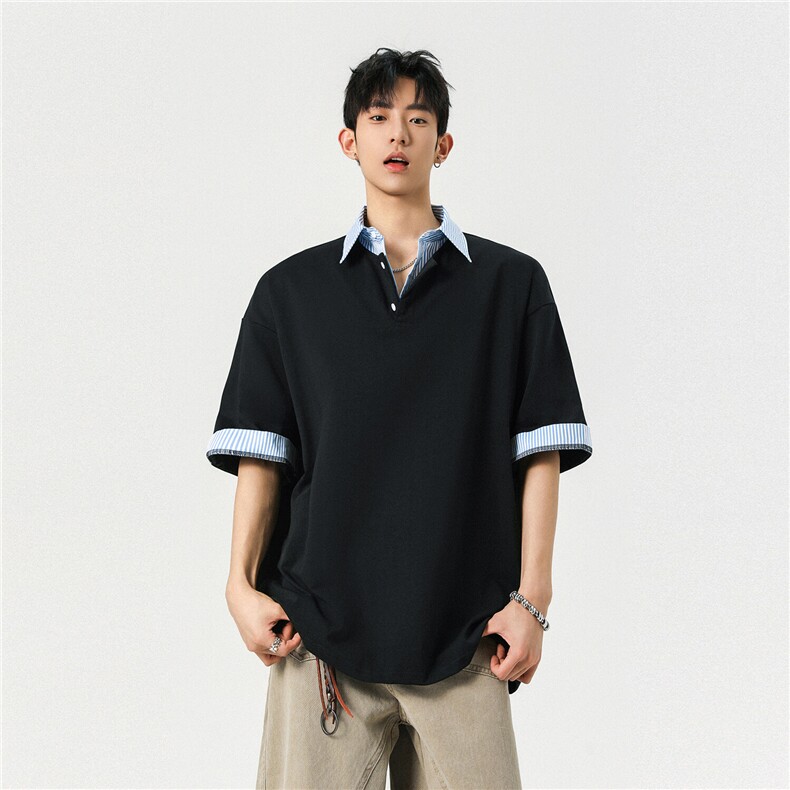 25夏装新品假两件衬衫领短袖T恤POLO衫翻领上衣男H1077特P38,男装T恤,电商A341