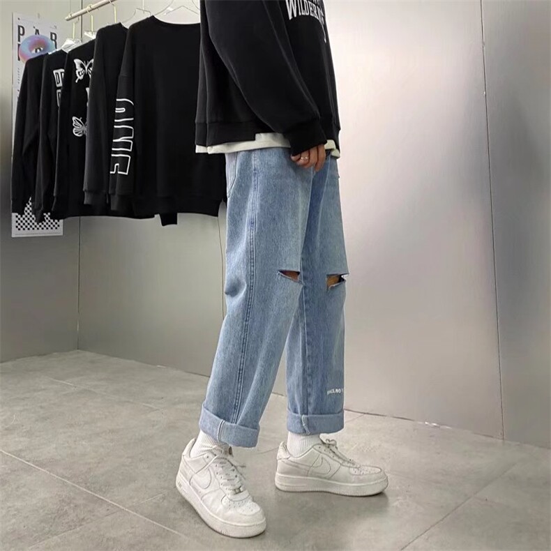 破洞牛仔裤男潮牌春季新款潮九分宽松大码直筒裤NK11P38图片