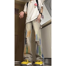 美式高街大码破洞涂鸦黄泥色牛仔工装裤货号K641P60，男装牛仔裤，电商A063