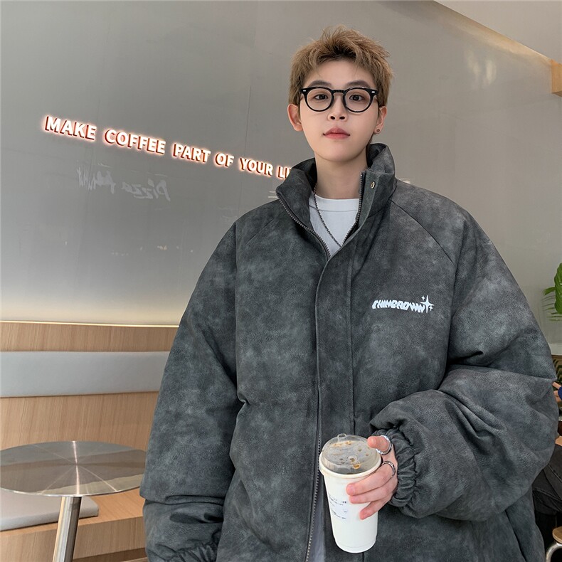 港风立领PU皮复古做旧印花字母图案设计棉衣男MY77719P130控178，男装棉衣，星座227-7