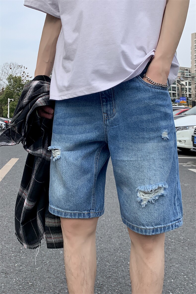 男士牛仔短裤直筒宽松韩版潮流夏季破洞薄款中裤五分裤5102,男装牛仔裤,电商A318