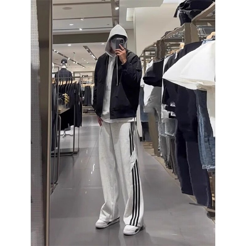 美式复古三条杠条纹裤子男春秋款花灰色卫裤直筒垂感阔腿休闲长裤,男装休闲裤,星座908-1