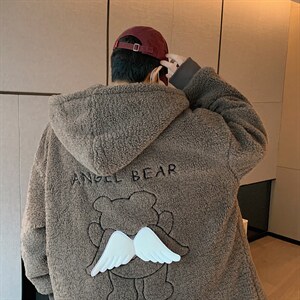 冬季新款宽松小飞熊刺绣羊羔毛棉服连帽棉袄棉衣A071-1009-P120,男装棉衣,电商A071