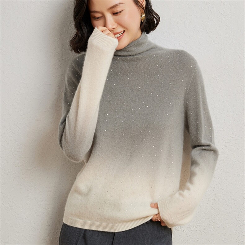 女士一线吊染加烫钻堆堆领衫10%,女装羊绒衫,臻维羊绒