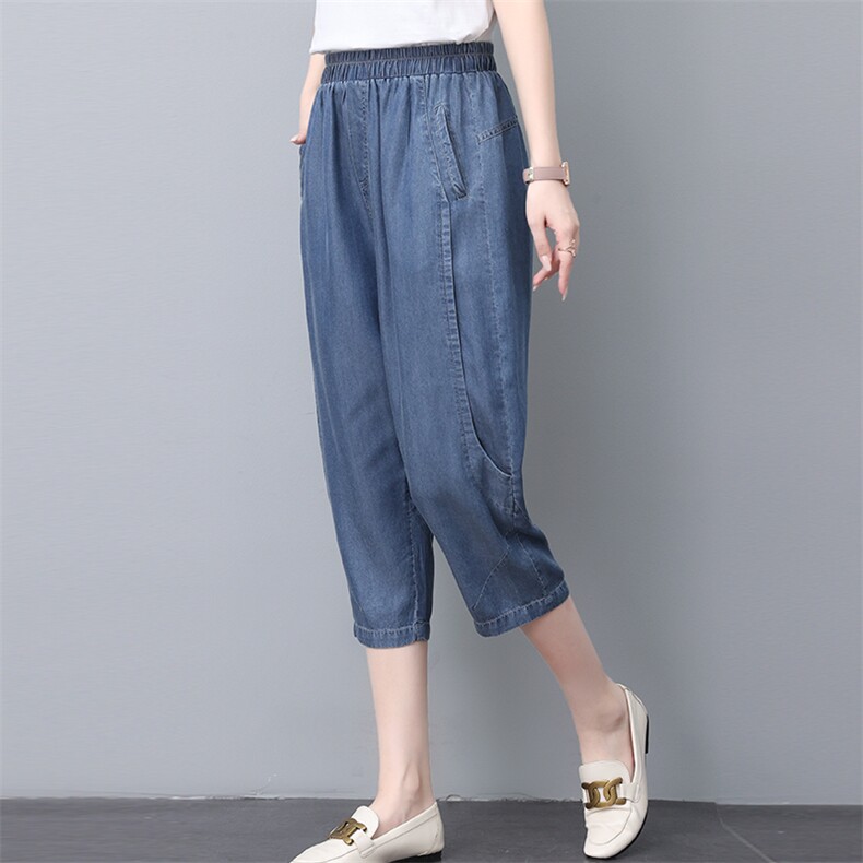 妈妈休闲天丝牛仔裤子夏款薄款宽松洋气哈伦萝卜七分裤中老年夏装，女装牛仔裤，忆绮罗