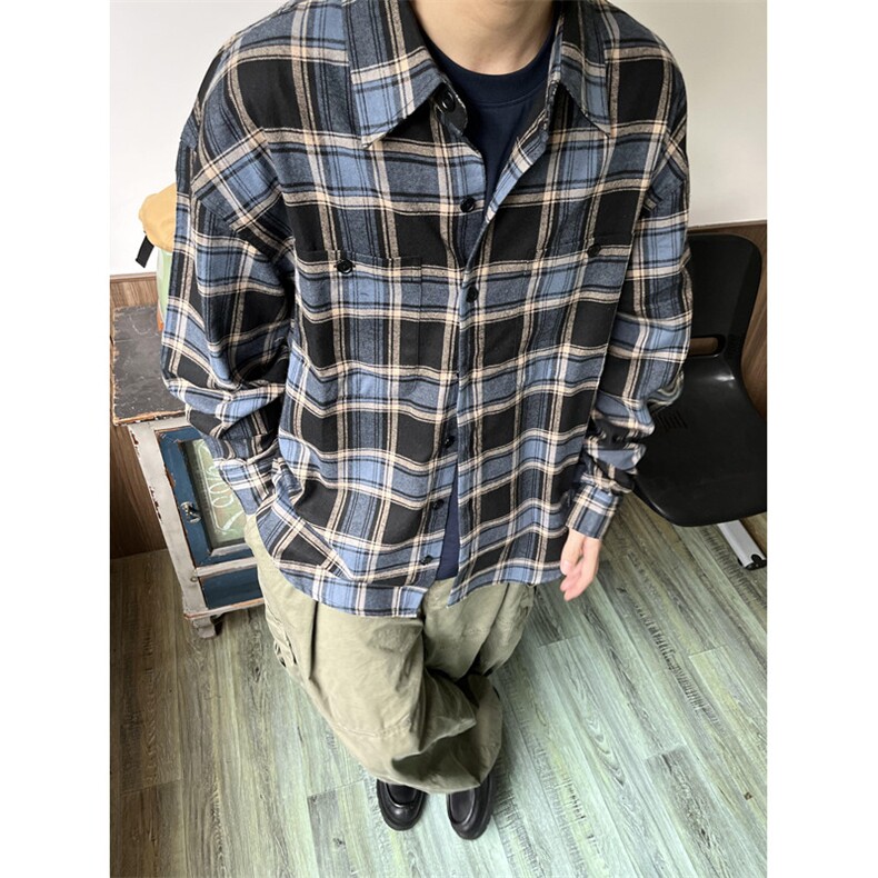 高质荃棉复古男咖蓝撞色格纹格子廓形宽松衬衫C3023,男装衬衫,星座1116A（原606A-3）