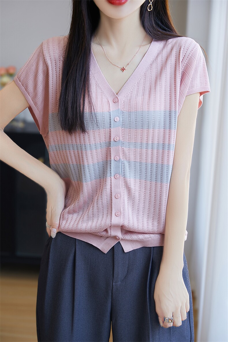 25夏季V领莱赛尔天丝针织短袖开衫女拼色镂空上衣半袖宽松打底衫,针织衫/毛衣,唐诺