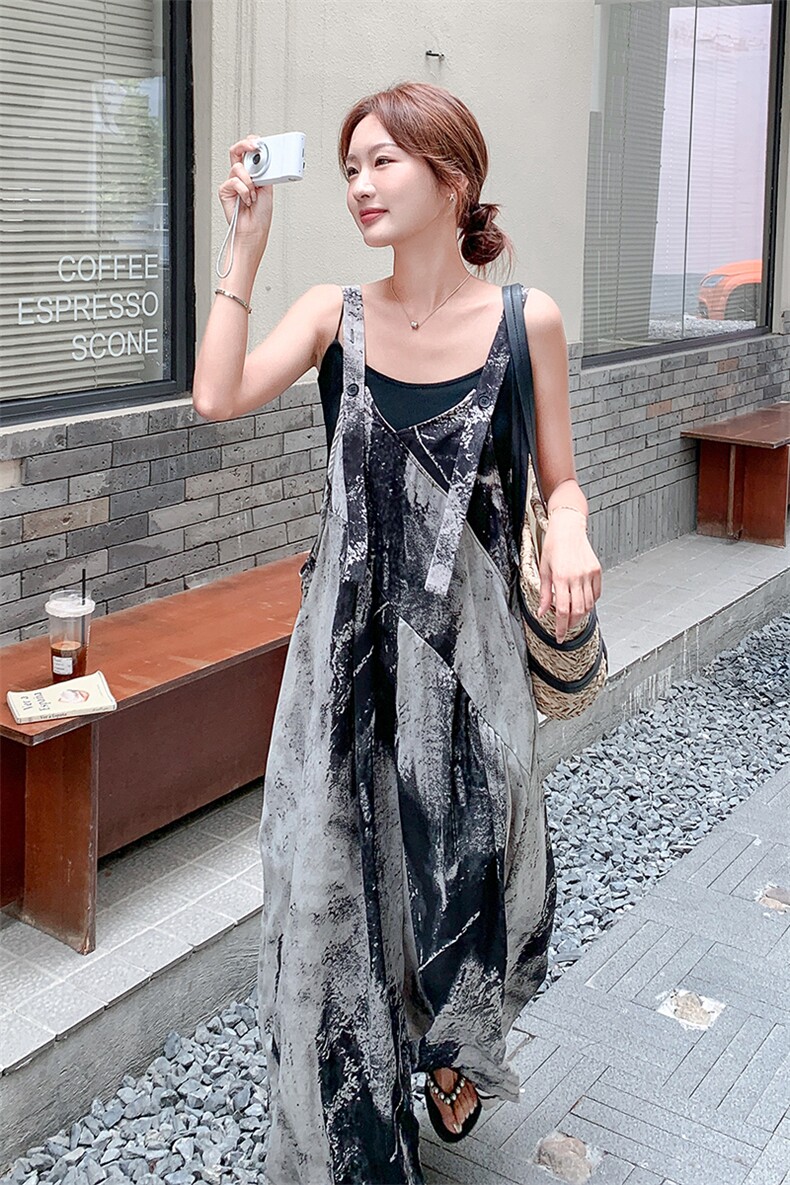 复古艺术感晕染背带裤女夏季2025新款韩版小个子高级感休闲裤子,女装休闲裤,2D078