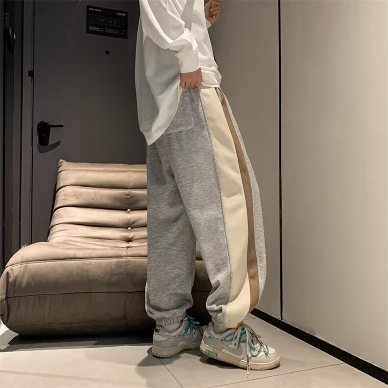 美式复古拼接卫裤男冬季潮牌ins设计感运动裤子宽松束脚休闲裤K62,男装休闲裤,星座310B-1