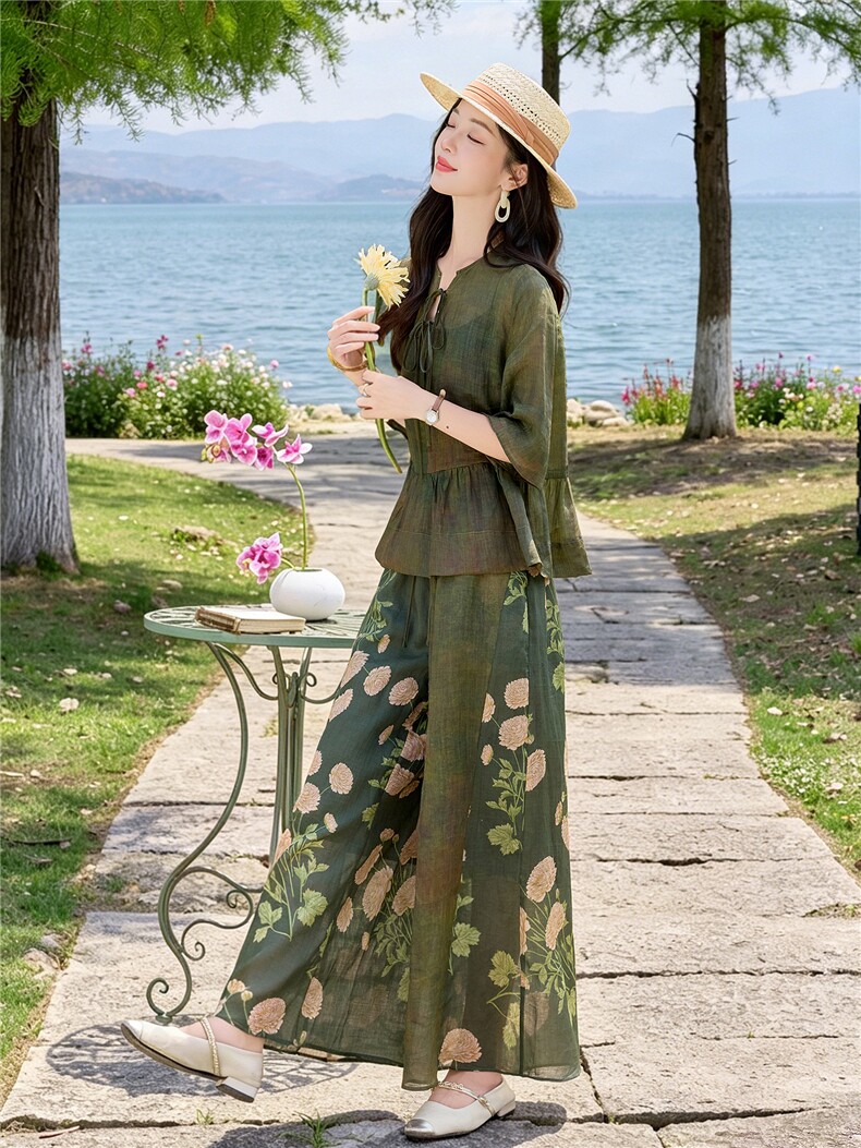 时尚苎麻印花拼接阔腿裤扎染宽松上衣复古风套装女,女装套装/套裙,水衣源