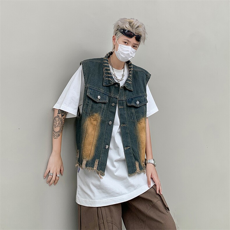 破洞毛边短款牛仔马甲男款水洗无袖坎肩背心美式潮牌工装外套,男装背心/马甲,星座410-7