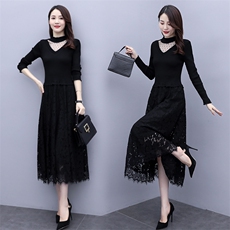 2023秋季长袖长裙蕾丝拼接纱网纯色通勤圆领淑女连衣裙，女装连衣裙，安之芮娜