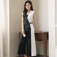 无袖V领拼接上衣+宽松阔腿裤时尚简约百搭2020年夏季套装/套裙，女装套装/套裙，贵人树