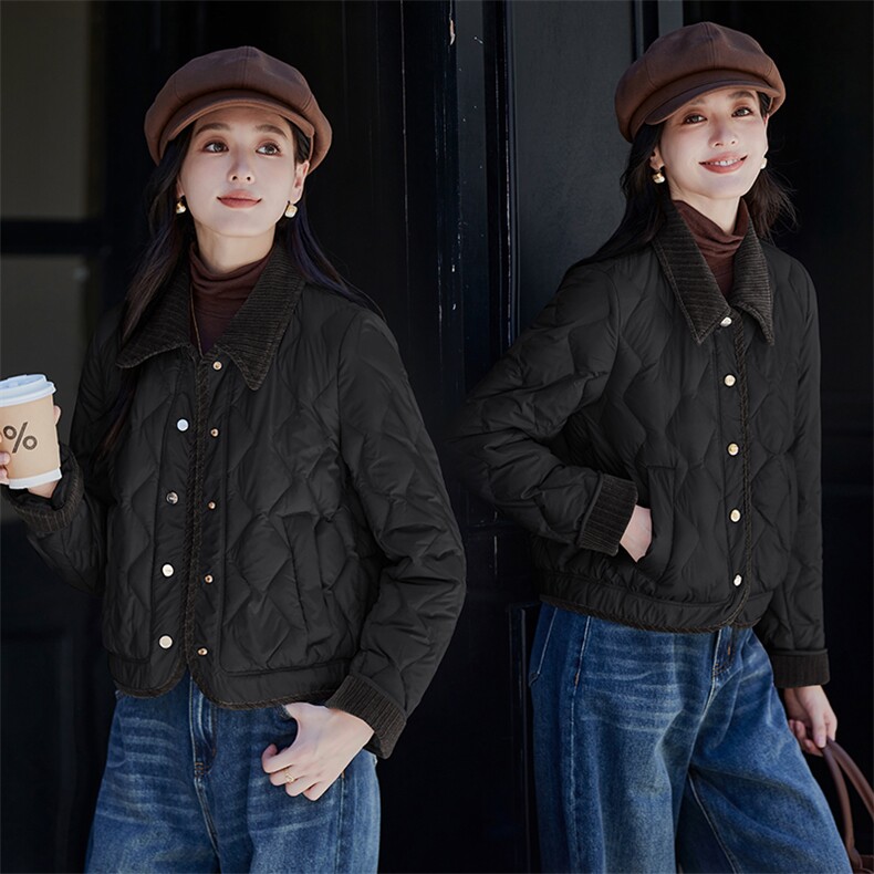 撞色翻领轻薄菱格短款羽绒服女2025冬季新款气质小香风白鸭绒外套,女装羽绒服,蝶眷
