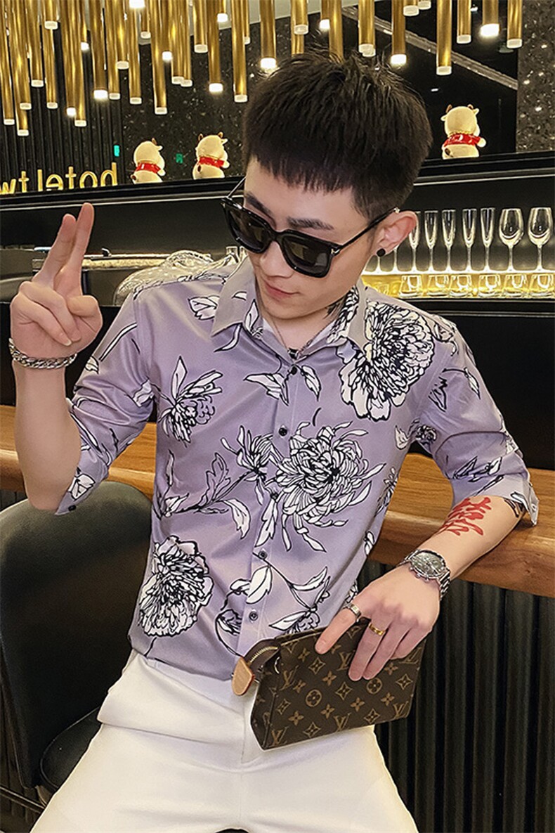 312A-114-P55新款社会小伙中袖衬衫韩版潮流男士五分袖衬衣A,男装T恤,星座312A-5