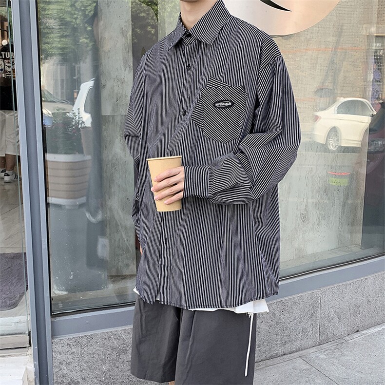 日系条纹衬衫潮男秋季港风chic宽松潮流韩版dk制服衬衣W1099-P35,男装衬衫,星座512-4