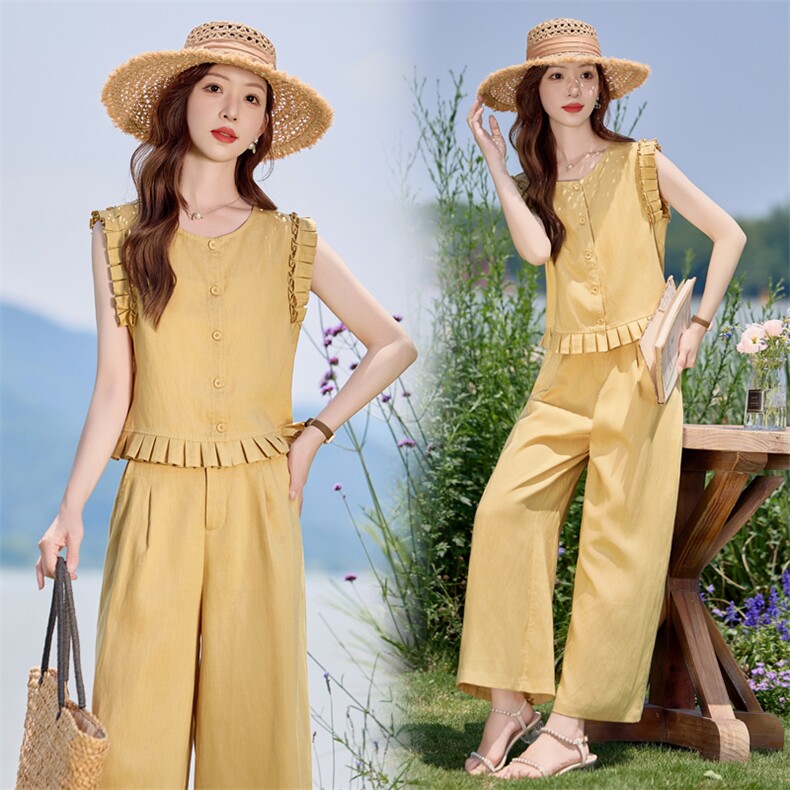 高端无袖亚麻套装女2025夏新款洋气小香风天丝棉亚麻阔腿裤两件套，女装套装/套裙，E百度