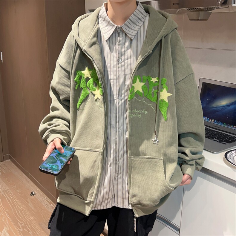 美式复古毛巾绣星星灯芯绒外套男女街头风宽松连帽卫衣W06011-P45,男装卫衣,星座308B-2