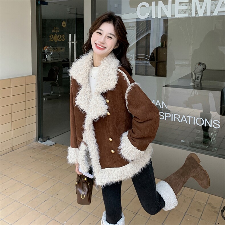 羊羔毛外套女毛茸茸皮毛一体咖色机车服冬季保暖棉服3098P195K298,女装棉衣/棉服,维壹