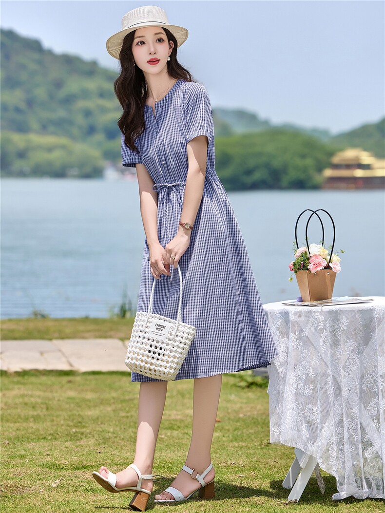 休闲舒适格子连衣裙2026夏季新款显瘦修身棉麻裙子2729,女装连衣裙,罗得堡