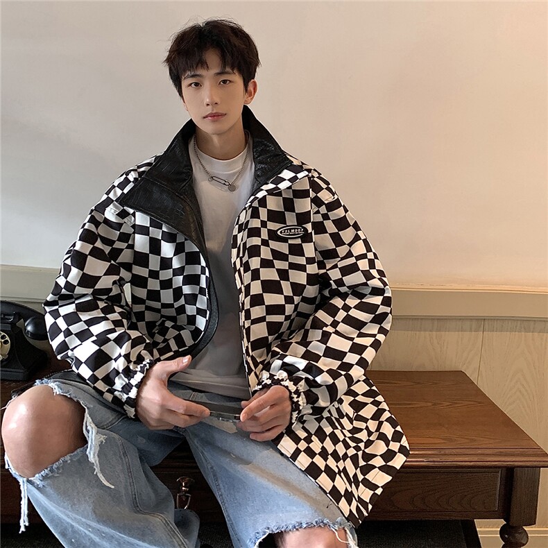 1港风两面穿大码M-5XL格子PU皮鳄鱼纹皮衣夹克男JK8753P110控149，男装皮衣，星座226-2