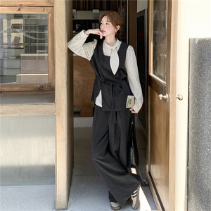 韩版条纹拼接上衣阔腿裤两件套女2025秋季新款设计感小众时尚套装图片