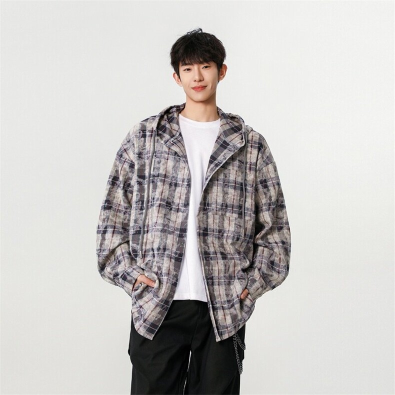 美式连帽格子衬衫男长袖春季宽松休闲外套衬衣812-CY553-P68,男装衬衫,星座812