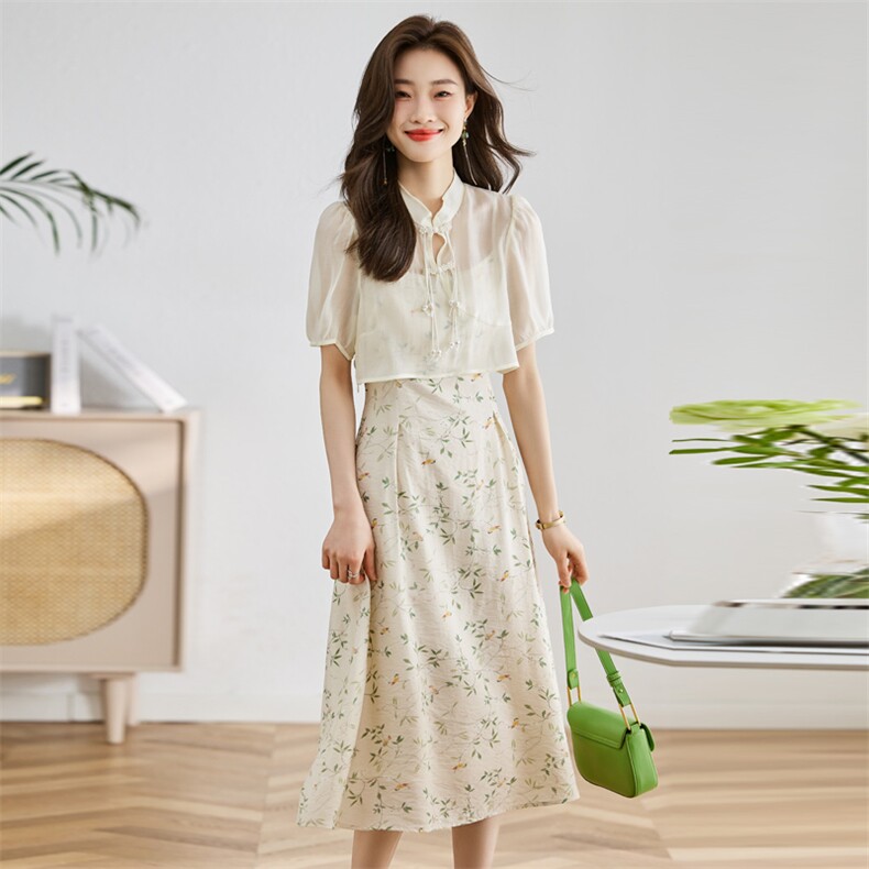 时尚复古印花套装裙女2025年夏季新款新中式吊带裙两件套,女装套装/套裙,采品优优