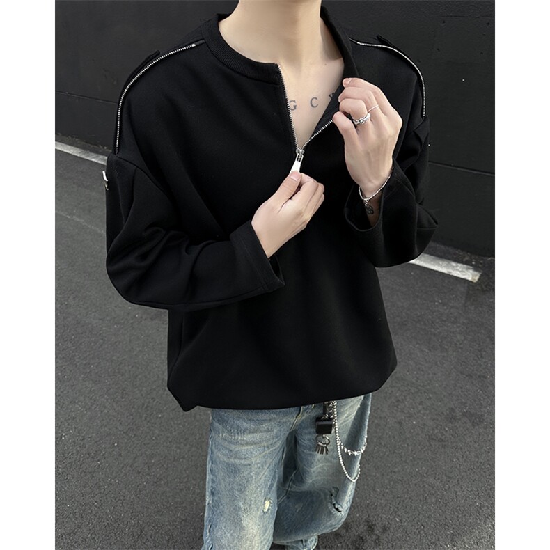 405A高街美式领口拉链金属扣装饰长袖T恤CT2469-P45控68,男装T恤,星座405A