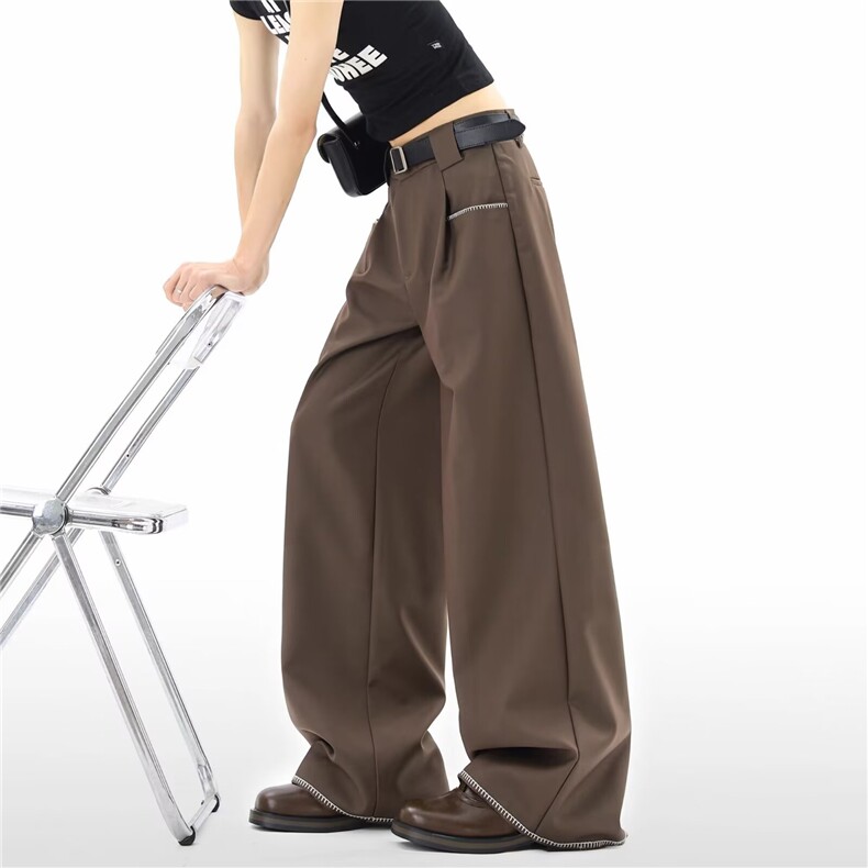 WJ0887-P43网图老钱风明线收褶西裤女男秋季高级简约阔腿休闲裤，男装西裤，电商C233