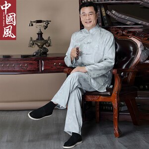 新款中老年唐装男长袖爸爸春秋套装丝绸爷爷风汉服，男装中老年男装，钱塘723