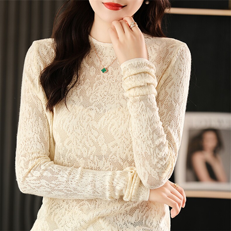 秋装2023年新款女士羊毛衫镂空薄款长袖上衣半高领蕾丝针织打底衫，女装羊毛衫，织己羊绒