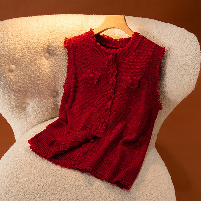 2026年秋季时尚百搭红色毛边马甲包扣开衫，女装马甲，盛世绒华