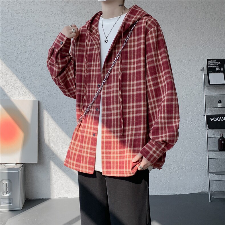 连帽格子衬衫男春季宽松大码慵懒风复古潮牌格纹休闲外套CS29011,男装衬衫,电商B312
