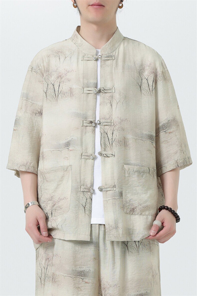 2025春季新款风男装盘扣新中式唐装竹叶印花衬衫C115-P50,男装衬衫,电商B277(原6028)