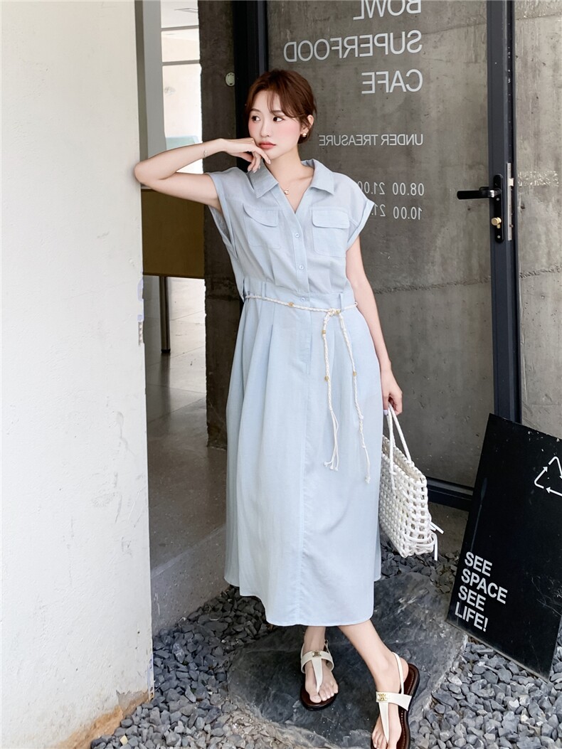 2026夏季浅蓝色短袖翻领衬衫连衣裙女新款简约气质系带收腰长裙子,女装连衣裙,霓裳依族