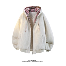 撞色连帽加厚外套格子摇粒绒情侣棉服男D51205-TP95178，男装棉衣，电商A102