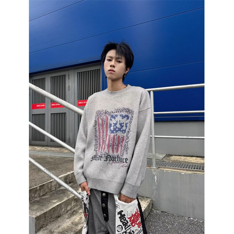 美式复古豹纹旗帜印花圆领毛衣男女宽松街头针织衫MY0452-P55,男装针织衫/毛衣,星座308B-2