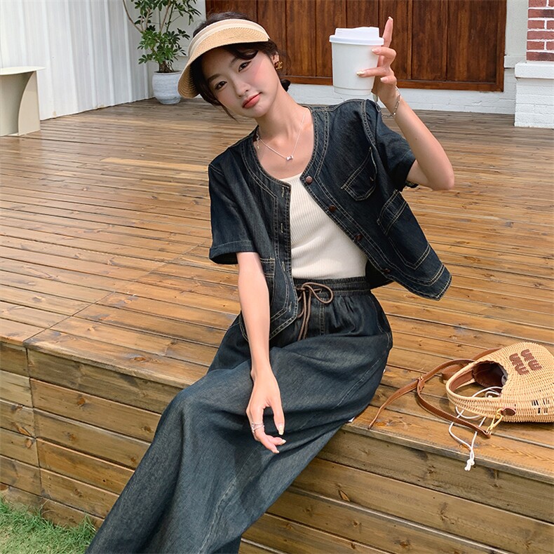 时尚复古牛仔套装女夏季2024新款短外套阔腿裤气质显瘦休闲两件套,女装套装/套裙,浙宝305