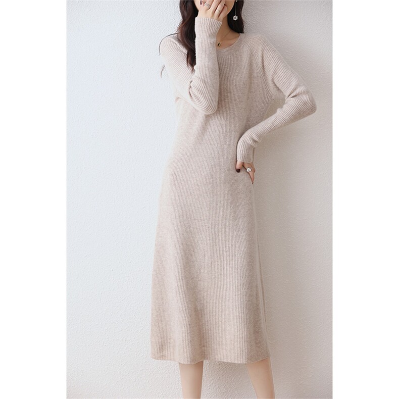 秋冬新款圆领修身显瘦中长款过膝羊毛连衣裙，女装连衣裙，绒汀羊绒